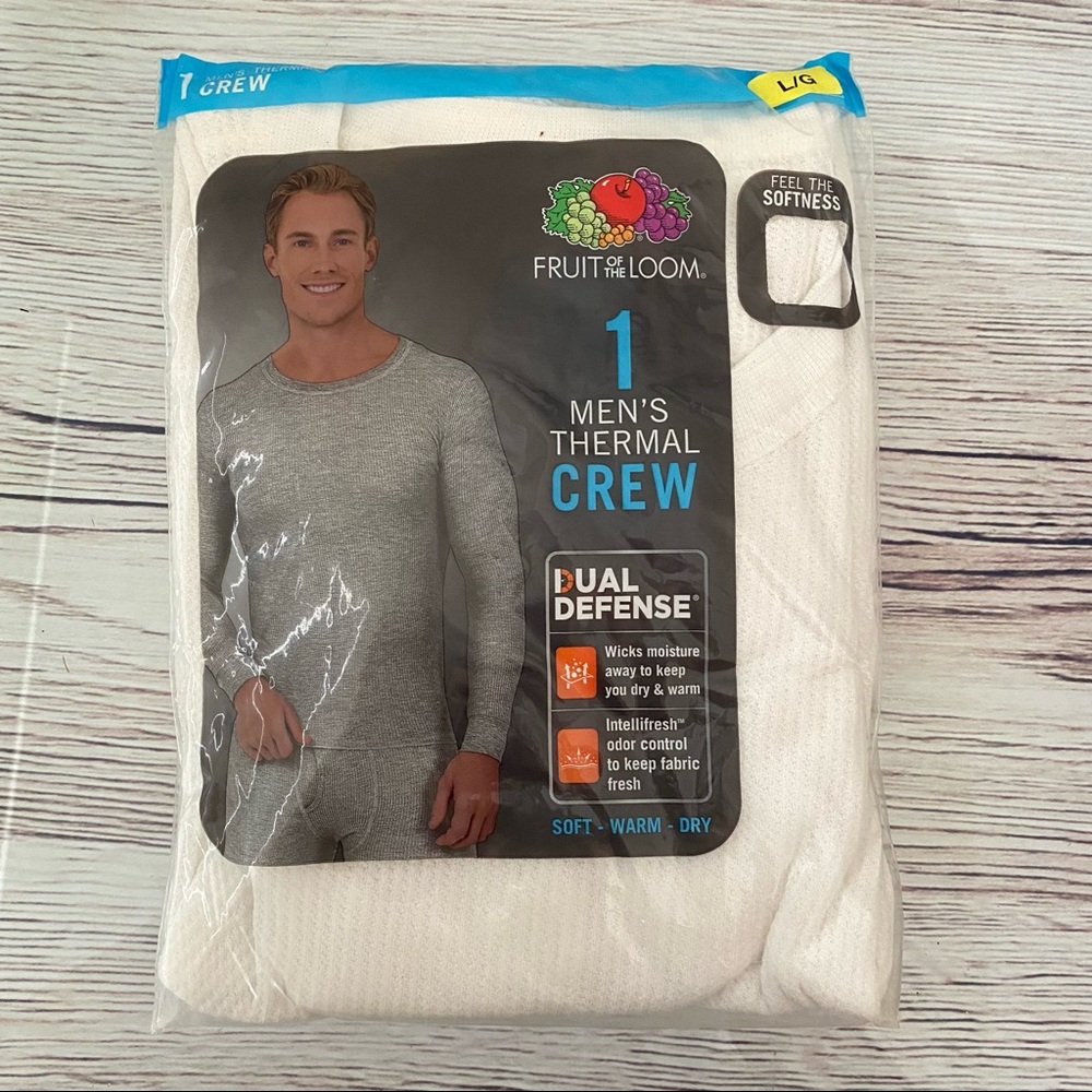 Men's Fruit Of The Loom Sz L Dual Defense Thermal Crew Shirt Top White NEW